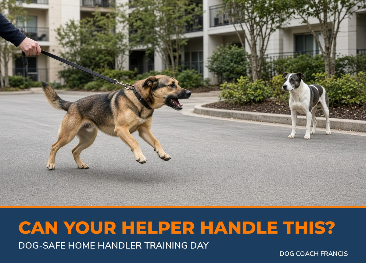 Dog lunging on leash at another dog in a condo driveway - Dog-Safe Home Handler Training